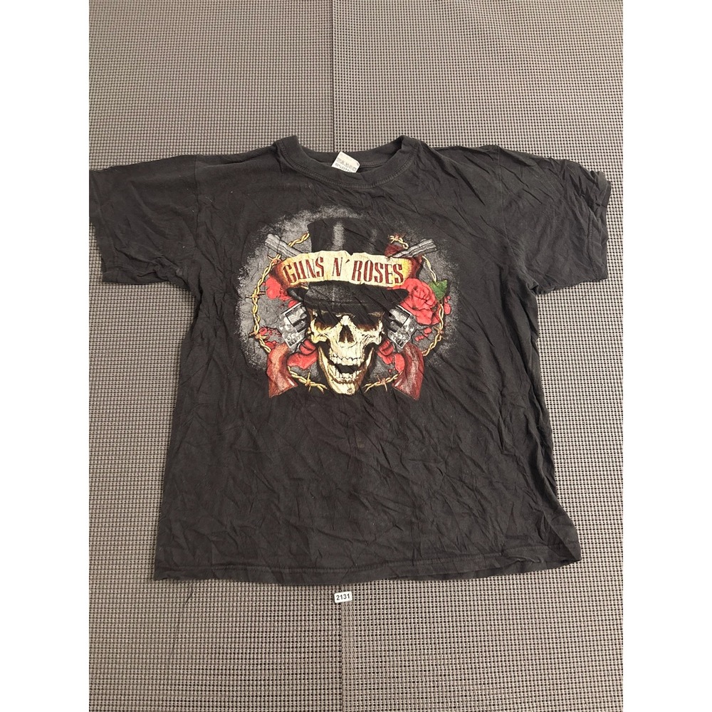 Guns N Roses Graphic T-Shirt Black Skull Pistols Roses Band Tee Mens Medium